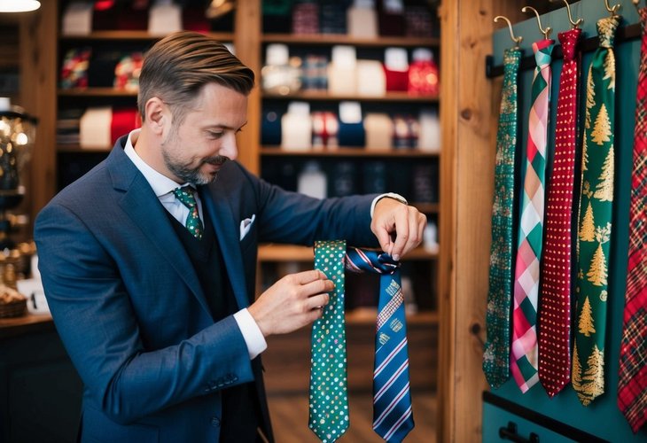 En mand i en hyggelig svensk butik der omhyggeligt vælger et slips med ferietema fra en udstilling af festlige mønstre og farver En mand i en hyggelig svensk butik der omhyggeligt vælger et slips med ferietema fra en udstilling af festlige mønstre og farver